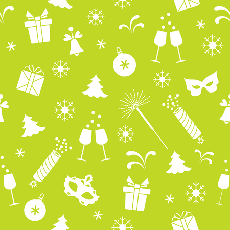 Seamless pattern with new year symbols. Gifts, firecrackers, fireworks, bead, glasses with champagne, bell, christmas tree, mask, calendar, stars, snowflakes.のイラスト素材