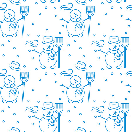 Seamless pattern with snowman, broom, hat, wind, snow. Funny pattern on a winter theme.のイラスト素材