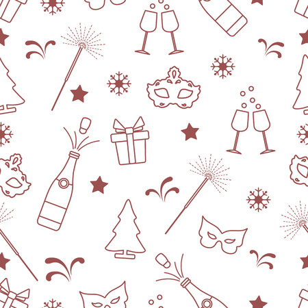 Seamless pattern with new year symbols. Gifts, fireworks, bottle and glasses with champagne, christmas tree, mask, stars, snowflakes.のイラスト素材
