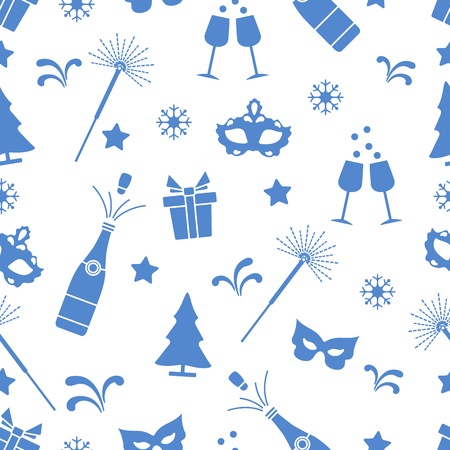 Seamless pattern with new year symbols. Gifts, fireworks, bottle and glasses with champagne, christmas tree, mask, stars, snowflakes.のイラスト素材