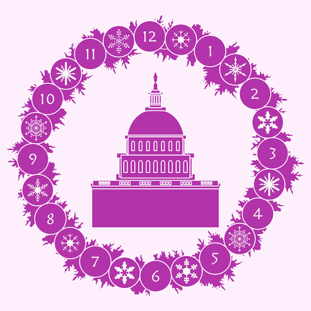 Christmas wreath with fir branches, snowflakes and famous building in the USA. Happy New Year 2019, Christmas card.のイラスト素材