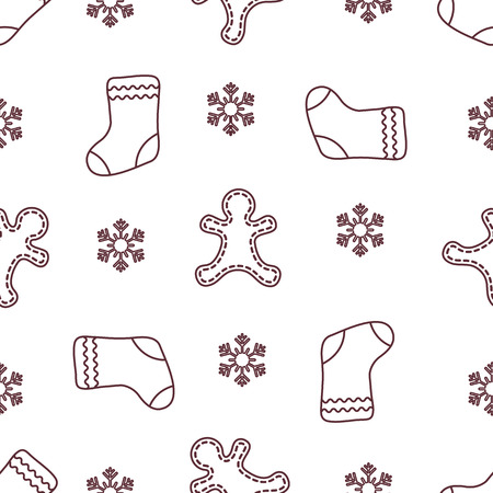 Seamless pattern with gingerbread man, christmas socks, snowflakes. Christmas and New Year 2019 background. Design for packaging paper, fabric and other print.のイラスト素材