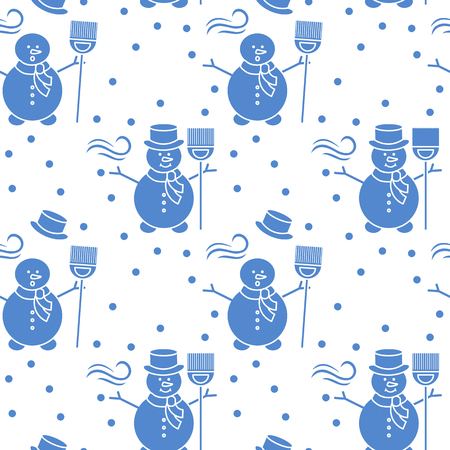 Seamless pattern with snowman, broom, hat, wind, snow. Funny pattern on a winter theme.のイラスト素材