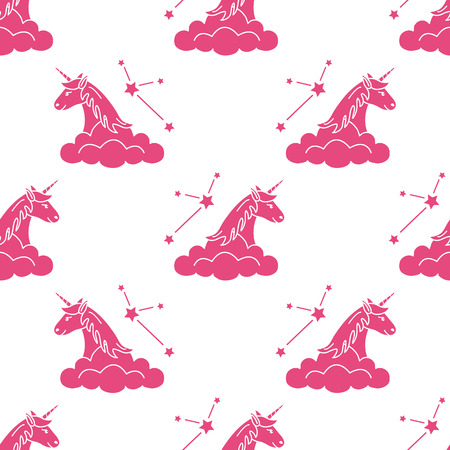 Seamless pattern with magic unicorn and constellations, clouds. Design for children graphic, t-shirt, cover, gift card.のイラスト素材