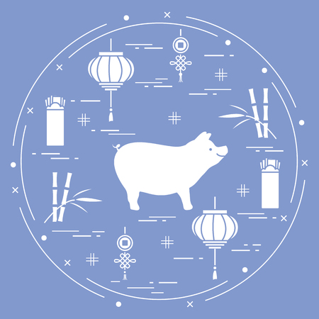Happy New Year 2019 card. Chinese New Year symbols. Pig, lantern, chinese red envelopes of money, bamboo, coin for luck. Festive traditions of different countries.のイラスト素材