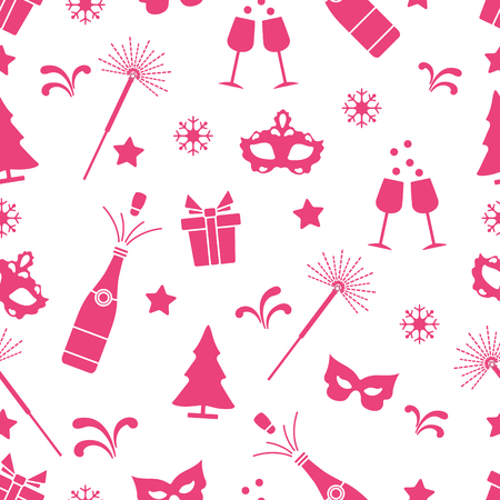 Seamless pattern with new year symbols. Gifts, fireworks, bottle and glasses with champagne, christmas tree, mask, stars, snowflakes.のイラスト素材