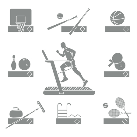 Time to fitness and sports. Healthy lifestyle. Running track with running man. Equipment for playing games and team sports.のイラスト素材