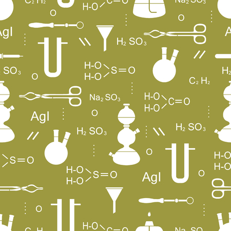 Scientific vector seamless pattern with flasks, burners, funnels, tools and formulas. Education elements. Chemistry, biology, medicine.のイラスト素材