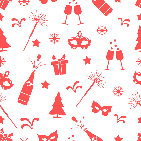 Seamless pattern with new year symbols. Gifts, fireworks, bottle and glasses with champagne, christmas tree, mask, stars, snowflakes.のイラスト素材