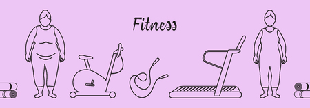 Time to fitness and sports. Healthy lifestyle. Women involved in sports. Slimming. Sports equipment: yoga mats, treadmill, exercise bike, skipping pins.のイラスト素材