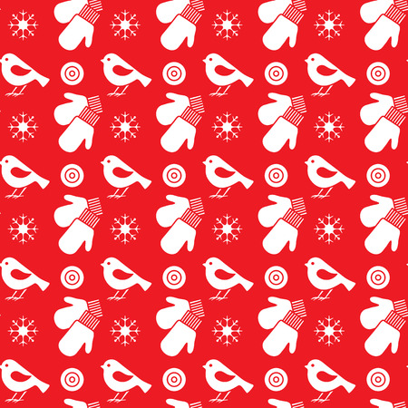 Vector winter seamless pattern with snowflakes, birds, mittens. Christmas and New Year 2019...