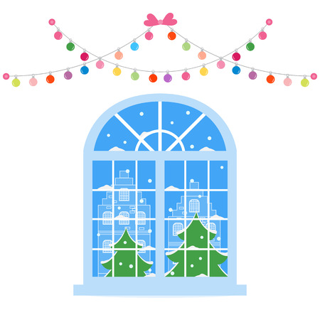Happy New Year 2019 and Christmas vector illustration. Christmas window with a view of the winter landscape decorated with garlands. Christmas trees, house, snow.のイラスト素材
