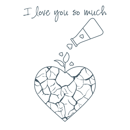 Vector illustration with broken heart, sprout makes its way after it is poured with love from a vessel. Inscription: I love you so much.  Design for party card, banner, poster or print.のイラスト素材