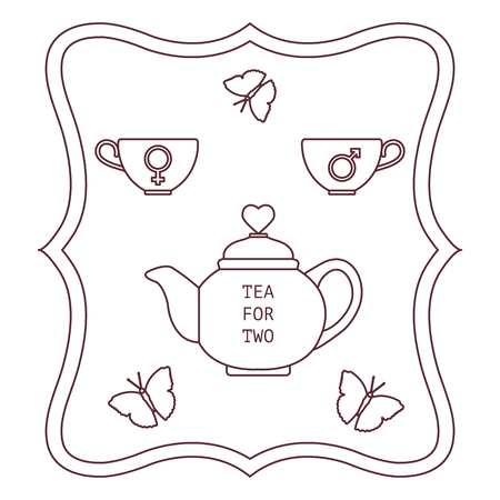 Vector illustration with teapot and two cups of tea with gender signs, butterflies. Tea for two. Happy Valentine's Day. Design for party card, banner, poster or print.のイラスト素材