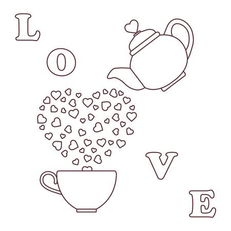 Vector illustration with kettle, cup of tea, hearts. Happy Valentine's Day. Design for party card, banner, poster or print.のイラスト素材