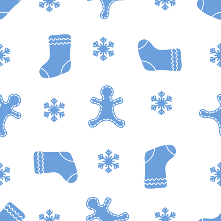 Seamless pattern with gingerbread man, christmas socks, snowflakes. Christmas and New Year 2019 background. Design for packaging paper, fabric and other print.のイラスト素材