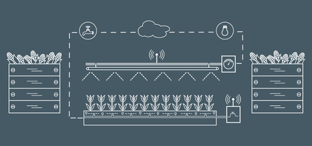 Smart farm and agriculture. Monitoring and control of temperature, humidity, light level. Cultivation of plants. New technologies. High yield.のイラスト素材