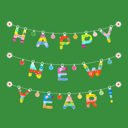 Garland with letters and light bulbs. Decorated Inscription Happy New Year. Festive background. Happy New Year 2019.のイラスト素材