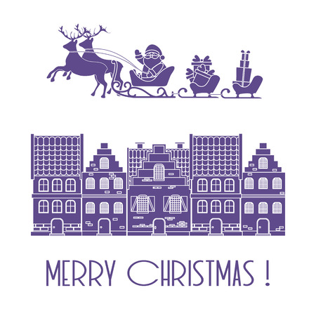Christmas card. Vector illustration Santa Claus with gifts in sleighs with reindeers and houses. Design for postcard, banner, print.のイラスト素材