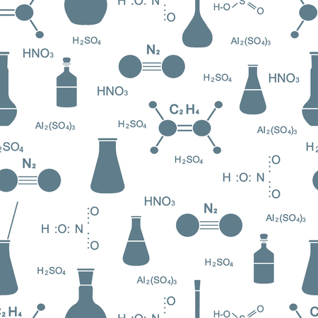Scientific vector seamless pattern with flasks, beakers, molecule structure and formulas. Education elements. Chemistry, biology, medicine.のイラスト素材