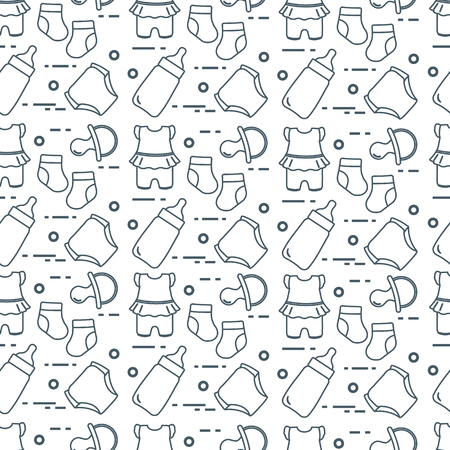 Seamless pattern with goods for babies. Newborn baby background. Baby bottle, nipple, socks, diapers, bodysuit.のイラスト素材