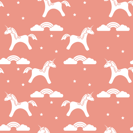 Seamless pattern with magic unicorn and stars, clouds, rainbow. Design for children graphic, t-shirt, cover, gift card.のイラスト素材