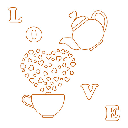 Vector illustration with kettle, cup of tea, hearts. Happy Valentine's Day. Design for party card, banner, poster or print.のイラスト素材