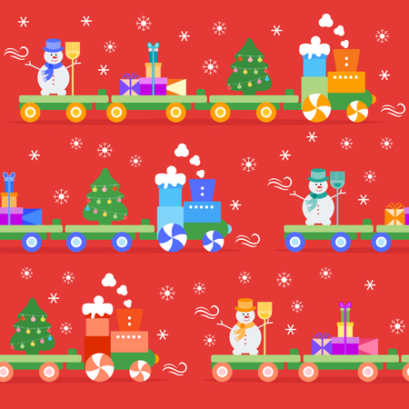 Seamless pattern with Christmas train carries Christmas tree, snowman with broom, gifts. Happy New Year 2019, Christmas card.のイラスト素材