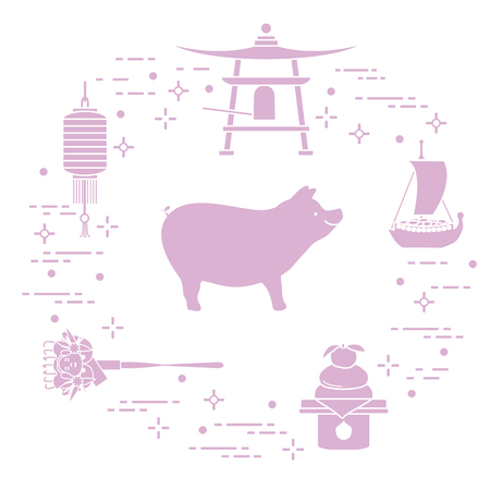 Happy New Year 2019 card. New Year symbols in Japan. Boar, lantern, bell, mochi, orange, treasure ship. Festive traditions of different countries.のイラスト素材