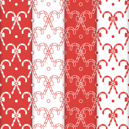 Set of 4 Happy New Year 2019 and Christmas seamless pattern. Vector illustration with candy canes and bows. Design for wrapping, fabric, print.のイラスト素材