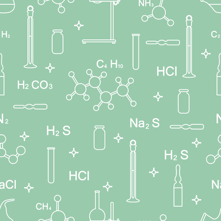 Scientific vector seamless pattern with flasks, test tubes, beakers, tools and formulas. Education elements. Chemistry, biology, medicine.のイラスト素材