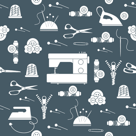 Seamless pattern with zipper, needles, thimble, pins, threads, buttons, scissors, sewing machine, iron. Sewing and needlework background. Template for design, fabric, print.のイラスト素材