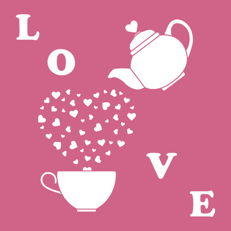 Vector illustration with kettle, cup of tea, hearts. Happy Valentine's Day. Design for party card, banner, poster or print.のイラスト素材