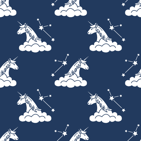 Seamless pattern with magic unicorn and constellations, clouds. Design for children graphic, t-shirt, cover, gift card.のイラスト素材