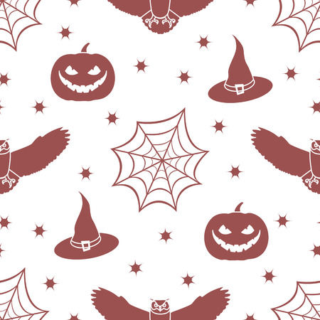 Halloween 2019 vector seamless pattern with cobweb, eagle owl, pumpkin, hat, witch, stars. Design for party card, wrapping, fabric, print.のイラスト素材