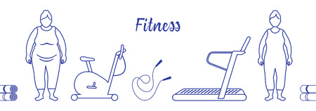 Time to fitness and sports. Healthy lifestyle. Women involved in sports. Slimming. Sports equipment: yoga mats, treadmill, exercise bike, skipping pins.のイラスト素材