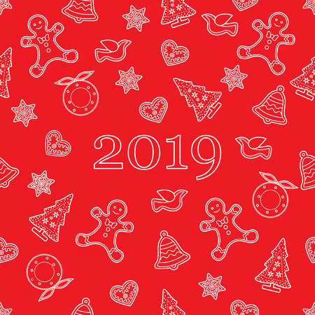 Seamless pattern with christmas and new year symbols. Christmas trees, Christmas wreath, gingerbread man, birds, bells, stars, hearts.のイラスト素材