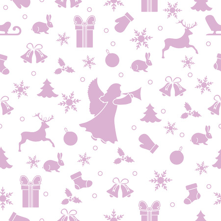 Happy New Year 2019 and Christmas seamless pattern. Winter illustration with angel, mittens, rabbit, sled, gift, snowflakes, deer, bell, Christmas sock, ball, mistletoe, Christmas tree.のイラスト素材
