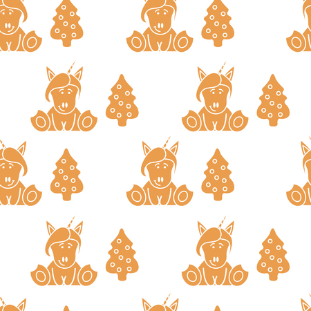 Seamless pattern with unicorns and Christmas tree. Christmas and New Year 2019 background. Design for wrapping, fabric, print.のイラスト素材