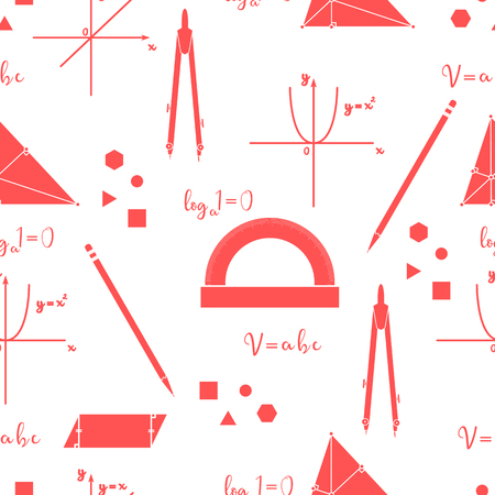 Mathematical scientific vector seamless pattern with geometry plots, tools and formulas. Education elements. Compasses, protractor, pencil, graphics, straight, parabola, formulas, triangle, parallelogram.のイラスト素材