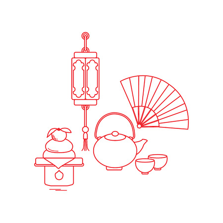 Eastern New Year symbols. Chinese lantern, kettle with two cups, fan, kagami mochi. Festive traditions of different countries.のイラスト素材