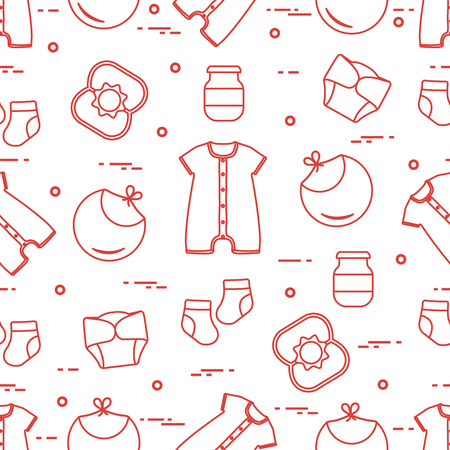 Seamless pattern with goods for babies. Newborn baby background. Bib, baby food can, rattle, socks, diapers, bodysuit.のイラスト素材