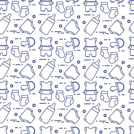 Seamless pattern with goods for babies. Newborn baby background. Baby bottle, nipple, socks, diapers, bodysuit.のイラスト素材