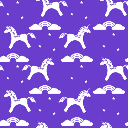 Seamless pattern with magic unicorn and stars, clouds, rainbow. Design for children graphic, t-shirt, cover, gift card.のイラスト素材