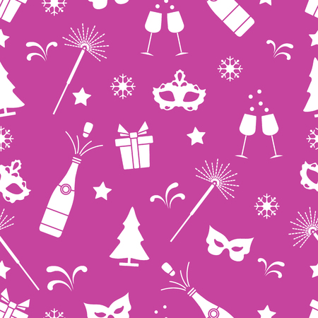 Seamless pattern with new year symbols. Gifts, fireworks, bottle and glasses with champagne, christmas tree, mask, stars, snowflakes.のイラスト素材