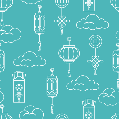 Chinese lanterns, chinese money envelopes , coin for good luck, clouds. Festive traditions of different countries.のイラスト素材