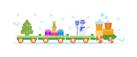 Funny vector illustration with Christmas train carries Christmas tree, snowman with broom, gifts. Happy New Year 2019, Christmas card.のイラスト素材
