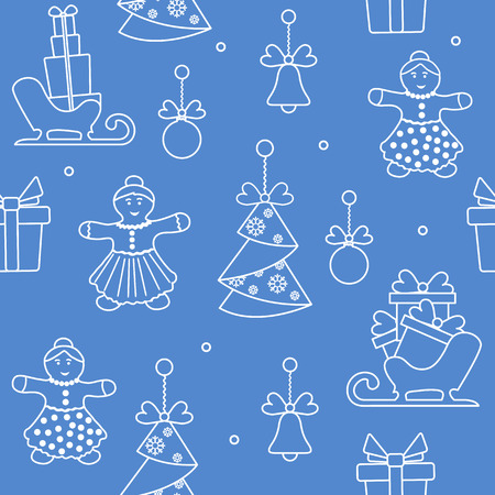Seamless pattern with christmas and new year symbols. Christmas trees origami, gingerbread man, bells, balls, sledges, gifts.のイラスト素材