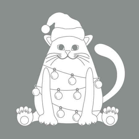 Happy New Year 2019 and Christmas vector illustration. Cat in a Christmas hat with a garland of light bulbs.のイラスト素材