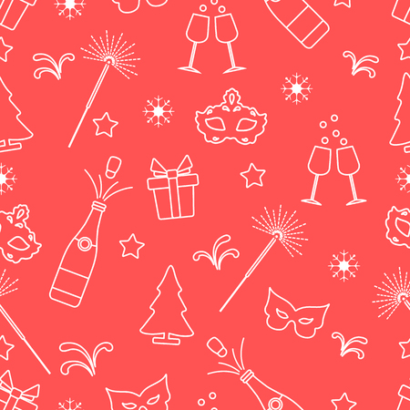 Seamless pattern with new year symbols. Gifts, fireworks, bottle and glasses with champagne, christmas tree, mask, stars, snowflakes.のイラスト素材
